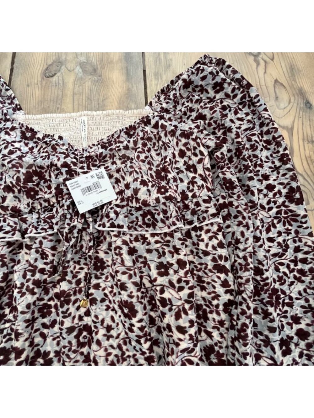 American Eagle Outfitters Babydoll Dress Womens L Brown  Print Chiffon Ruched - Picture 6 of 8